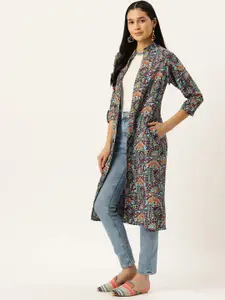 WISSTLER Ethnic Motifs Printed Mandarin Collar Longline Open Front Shrug