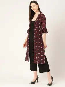 WISSTLER Geometric Printed Bell Sleeves Longline Open Front Shrug