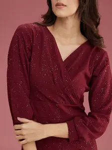 DressBerry Magenta V-Neck Bishop Sleeves Wrap Midi Opaque Party Dress