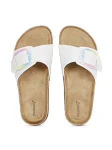 DressBerry White Buckle Detailed Open Toe Flats