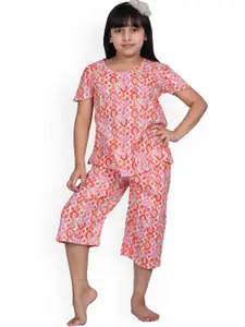 BAESD Girls Geometric Printed Pure Cotton Top & Capri