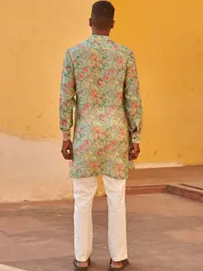 QB MEN Floral Printed Band Collar Straight Kurta