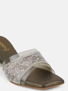 DressBerry Copper-Toned Embellished Open Toe Block Heels