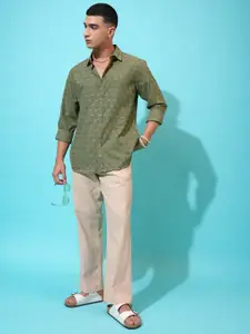 HIGHLANDER Classic Green Slim Fit Floral Printed Spread Collar Cotton Casual Shirt