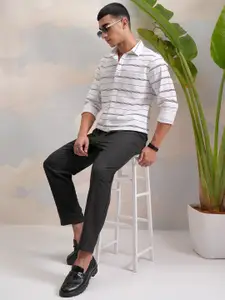 HIGHLANDER Classic White Slim Fit Horizontal Striped Spread Collar Cotton Casual Shirt