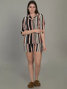 MAYSIXTY Striped Lapel Collar Shirt With Shorts