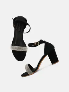 DressBerry Black Embellished Open Toe Block Heels