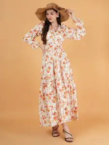 Kushi Flyer Floral Printed Puff Sleeves Waist Cut Outs Fit & Flare Maxi Dress