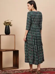 Globus Teal Blue Ethnic Motifs Printed Embroidered Detailed A-Line Midi Ethnic Dress