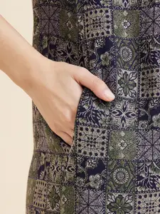 Sweet Dreams Navy Blue Ethnic Motifs Printed Pure Cotton Maxi Nightdress