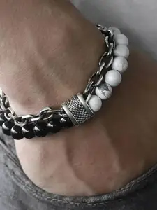 MEENAZ Men Silver-Plated Stainless Steel American Diamond Studded Elasticated Bracelet