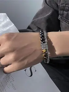 MEENAZ Men Silver-Plated Stainless Steel Beaded Oxidised Multistrand Bracelet