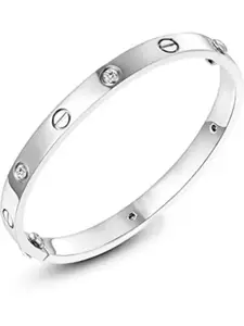 MEENAZ Men Silver-Plated Stainless Steel American Diamond Studded Antique Kada Bracelet