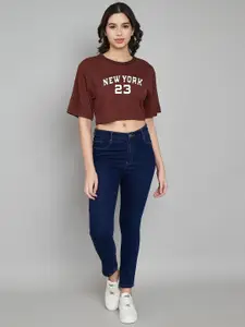 Trend Level Typography Printed Round Neck Drop-Shoulder Sleeves Cotton Crop T-shirt