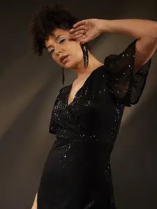 Molly & Michel Embellished Flared Sleeve Net Maxi Dress