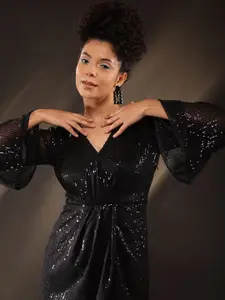 Molly & Michel Sequinned Embellished Bell Sleeve Net Midi Wrap Dress