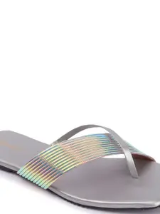 DressBerry Silver Toned Strappy Open Toe Flats