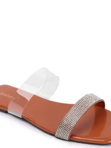 DressBerry Tan Embellished Open Toe Flats