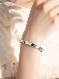 MEENAZ Men American Diamond Silver-Plated Kada Bracelet