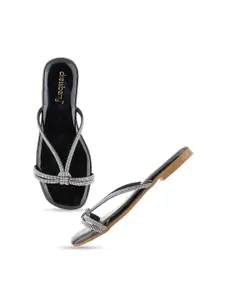 DressBerry Black Embellished Open Toe Flats