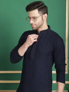 Anouk Navy Blue Floral Embroidered Straight Kurta with Pyjamas