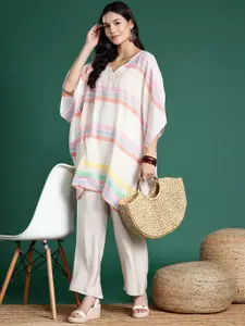 Sangria Striped Flared Sleeves Jacquard Kaftan Kurta