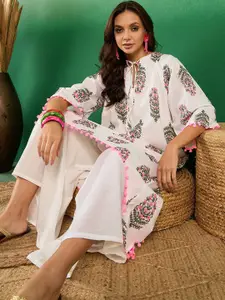 Sangria Mughal Printed Pure Cotton  Neck Tie Up Asymmetric A Line Kurta