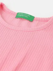 United Colors of Benetton Girls Self Design Flutter Sleeves Pure Cotton Top