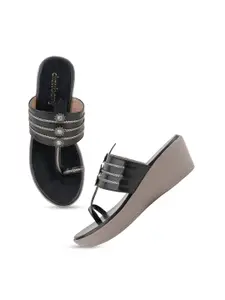 DressBerry Black Textured Open Toe Wedge Heels