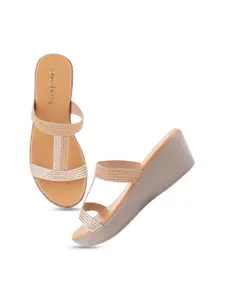 DressBerry Tan Brown Textured Open Toe Wedge Heels