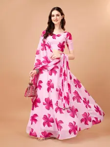 KALINI Floral Printed V-Neck Semi Stitched Lehenga & Unstitched Blouse With Dupatta