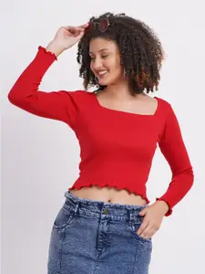 SIGHTBOMB Square Neck Long Sleeves Cotton Fitted Crop Top