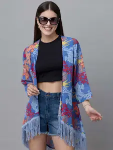 PURYS Women Printed Tasselled Longline Tropical Shrug