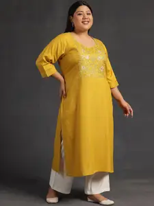 EXTRA LOVE BY LIBAS Plus Size Floral Yoke Design Thread Work Straight Kurta