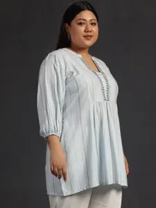 EXTRA LOVE BY LIBAS Plus Size Striped Thread Work Detailed Mandarin Collar A-Line Kurti