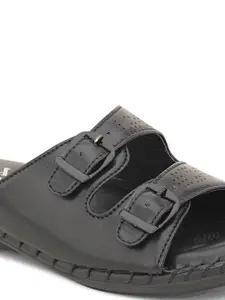 XE Looks Textured Buckle Detail Open Toe Flats