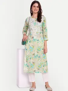 FILO HEVIS Floral Printed Thread Work Straight Kurta