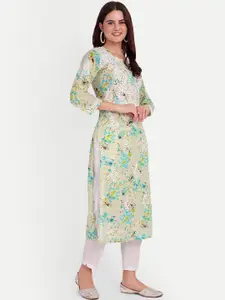 FILO HEVIS Floral Printed Round Neck Thread Work Straight Kurta