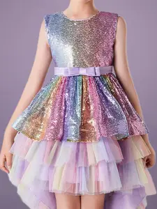 INCLUD Girls Sequins Tiered High-Low Hem Party Dress