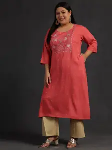 EXTRA LOVE BY LIBAS Plus Size Ethnic Motifs Embroidered Round Neck Thread Work Kurta