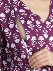 Secret Wish Floral Printed V-Neck Pure Cotton Maternity Kaftan Nightdress