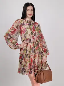 DRIRO Floral Printed Tie-Up Neck Puff Sleeve Georgette A-Line Dress