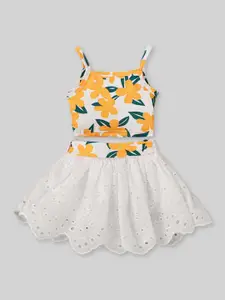 INCLUD Girls Floral Printed Shoulder Straps Top with Schiffli Skirt Set