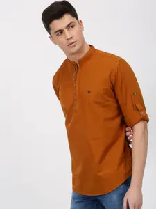 Red Flame Mandarin Collar Long Sleeves Straight Cotton Kurta