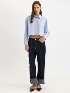 DeFacto Spread Collar Pure Cotton Crop Casual Shirt