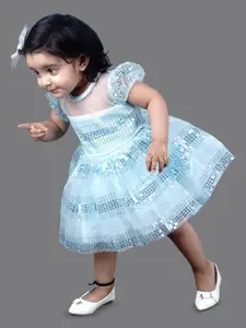 BAESD Girls Embellished Puff Sleeves Sequinned Detailed Net Fit & Flare Dress