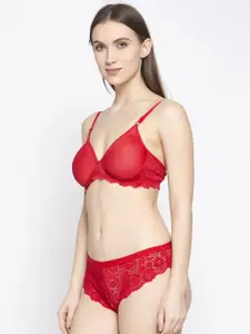 PIBU Self Design Lightly Padded Nylon Bra With Brief