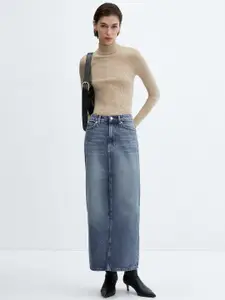 MANGO Women Solid A-Line Denim Cotton Maxi Skirt