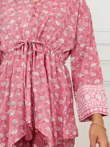 Styli Printed V-Neck Asymmetric Hem Top With Trousers Co-Ords