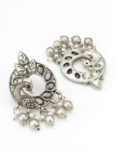 aadita Stone-Studded and Beaded Peacock Shaped Oxidised Drop Earrings